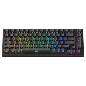 Renkli RGB aydınlatmalı mekanik klavye, oyun ve ofis kullanımı için ideal, dayanıklı tuşlar ve şık tasarım.