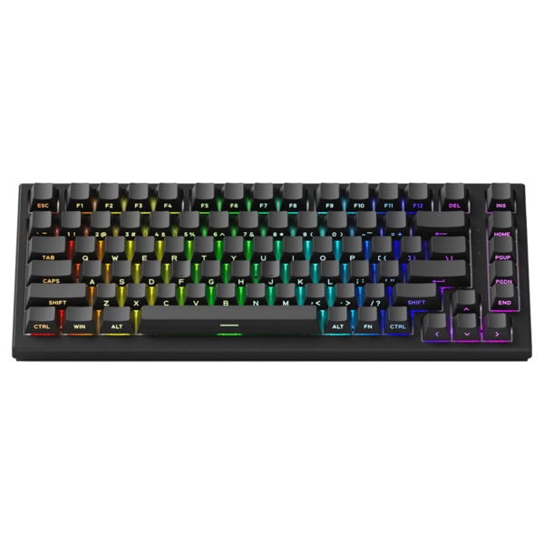 Renkli RGB aydınlatmalı mekanik klavye, oyun ve ofis kullanımı için ideal, dayanıklı tuşlar ve şık tasarım.