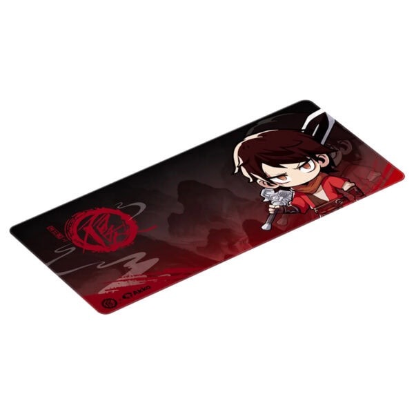 Kırmızı ve siyah renklerde anime karakterli kişisel bilgisayar mousepad, oyun ve ofis kullanımı için ideal, kaymaz yüzey ve dayanıklı malzeme ile tasarlanmıştır.