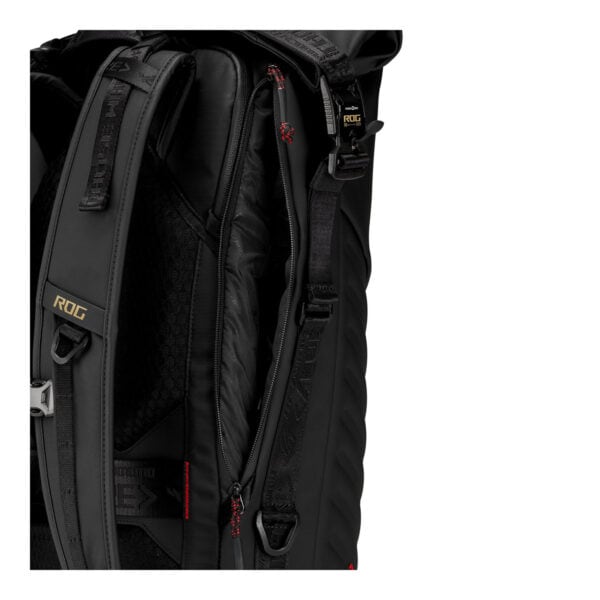 ROG markalı dayanıklı ve şık gaming sırt çantası, laptop ve oyun ekipmanları için geniş depolama alanı, ergonomik tasarım ve su geçirmez özellikler ile seyahat ve günlük kullanım iç.