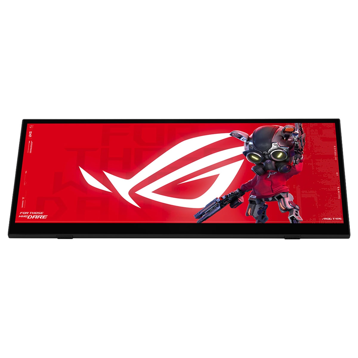 Yüksek çözünürlüklü oyun monitörü, ASUS ROG logo ve oyun karakteri ile tasarlanmış, profesyonel ve oyuncu kullanımı için ideal, yüksek yenileme hızına sahip ekran.