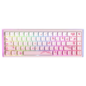 Renkli RGB aydınlatmalı ve çiçek desenli bilgisayar klavyesi, estetik ve fonksiyonel tasarım, oyun ve çalışma için ideal.