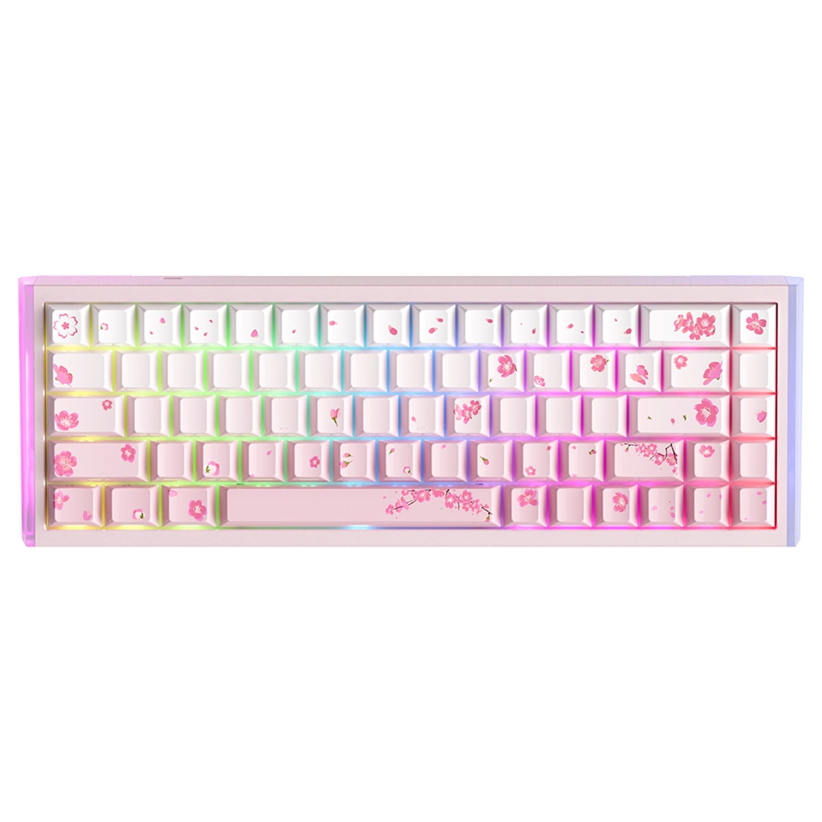 Renkli RGB aydınlatmalı ve çiçek desenli bilgisayar klavyesi, estetik ve fonksiyonel tasarım, oyun ve çalışma için ideal.