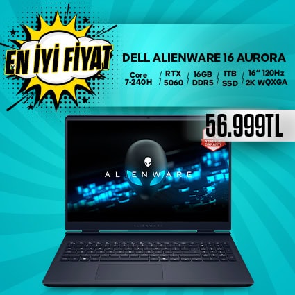 Dell Alienware 16 Aurora Dizüstü Bilgisayar Dell Alienware 16 Aurora dizüstü bilgisayar, güçlü Core i7-2400H işlemci, RTX 5060 grafik kartı, 16GB RAM, 1TB SSD depolama ve 16" 120Hz ekran ile yüksek performans sağlar.