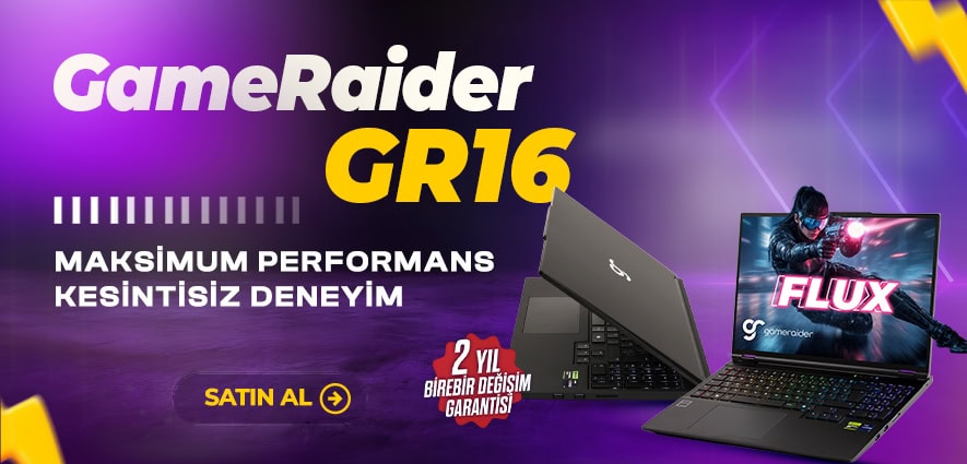 Oyun ve yüksek performanslı dizüstü bilgisayar, GameRaider GR16 modeli, güçlü donanımıyla kesintisiz oyun deneyimi sağlar.
