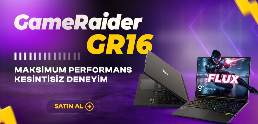 Oyun ve yüksek performanslı dizüstü bilgisayar, GameRaider GR16 modeli, güçlü donanımıyla kesintisiz oyun deneyimi sağlar.