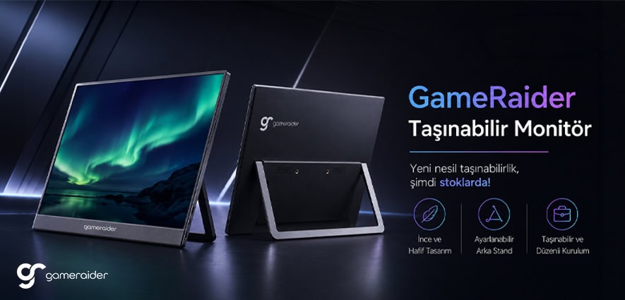 Yenilikçi Taşınabilir Monitör - GameRaider GameRaider taşınabilir monitör, hafif ve ince tasarımıyla oyun ve çalışma deneyimini geliştiren yüksek çözünürlüklü ekran. Ayarlanabilir ayak standı ve yüksek kalite görüntü sunar.