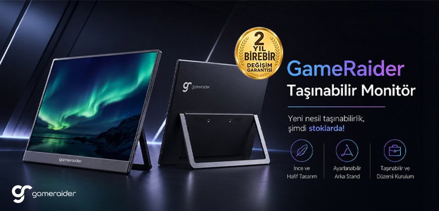 GameRaider taşınabilir monitör, hafif tasarımı ve yüksek çözünürlüğü ile oyun ve profesyonel kullanım için ideal. 2 yıl garanti ve ayarlanabilir ayak standı ile pratik kullanım sağl.