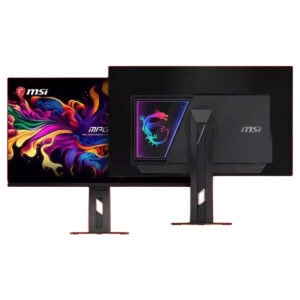 Yüksek çözünürlüklü ve renkli oyun monitörü, MSI logosu ve canlı grafiklerle donatılmış, profesyonel ve oyuncu kullanımı için ideal.
