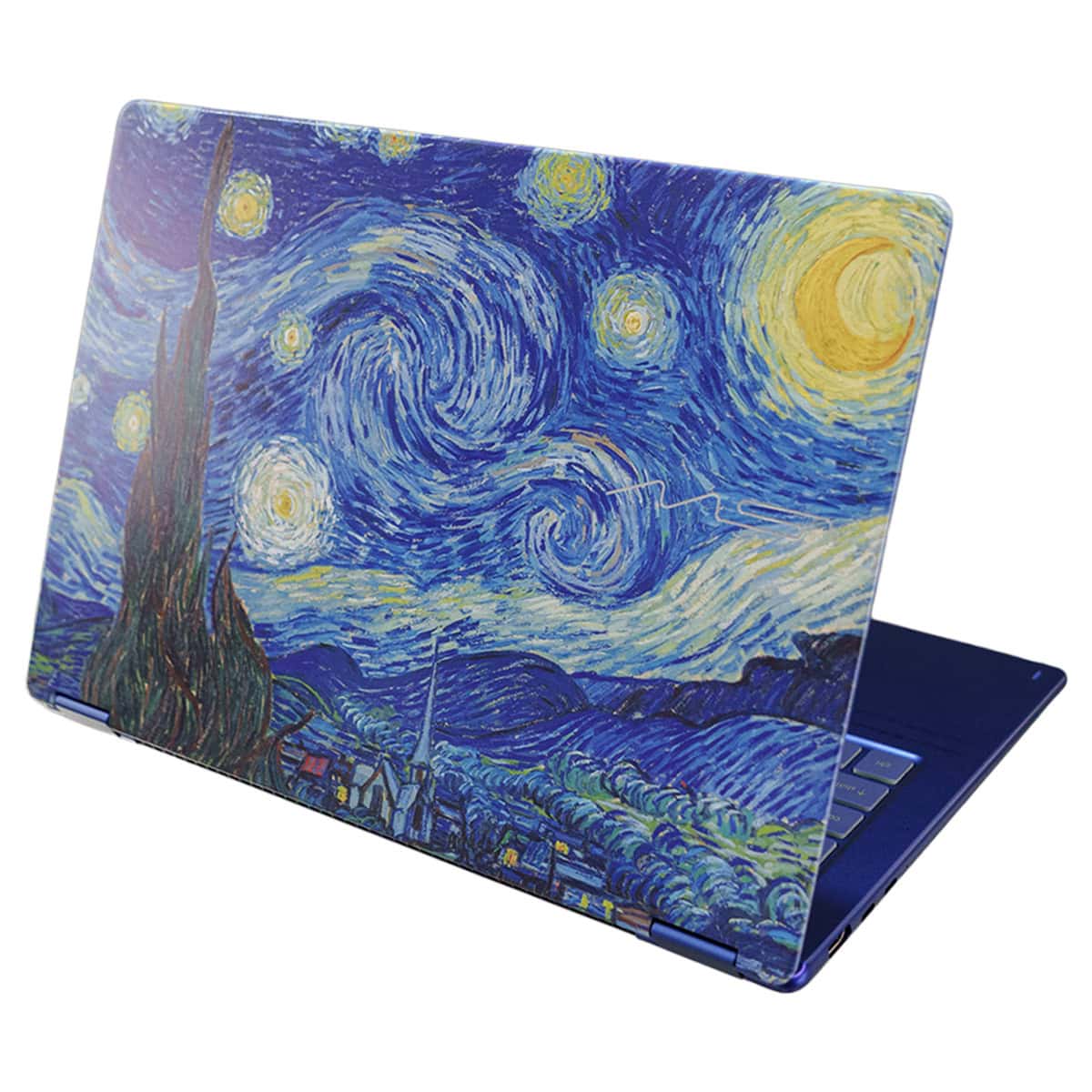 Yıldızlı Gece temalı dizüstü bilgisayar, sanat ve teknoloji birleşimi, yüksek performanslı laptop, sanat severler için özel tasarım, modern ve şık dizüstü bilgisayar modeli.