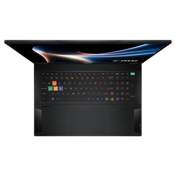 Dizüstü bilgisayarın üstten görünümü, açık ekran ve renkli klavye ile modern tasarım. Güçlü ve taşınabilir laptop, oyun ve profesyonel kullanım için ideal.