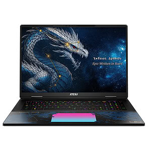 MSI oyun laptopu, ejderha temalı ekran ve RGB klavye ile güçlü ve şık tasarım, yüksek performans ve oyun deneyimi için ideal.