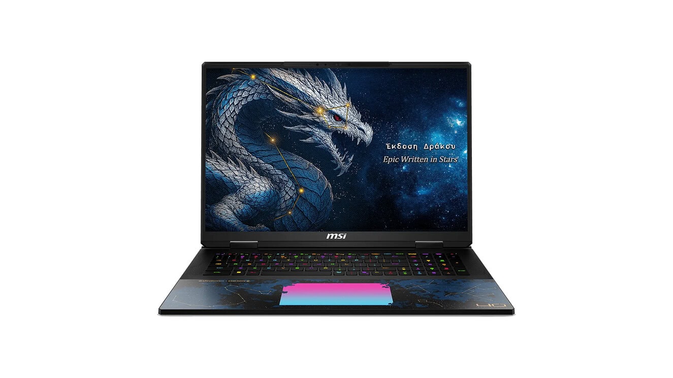 MSI oyun laptopu, ejderha temalı ekran ve RGB klavye ile güçlü ve şık tasarım, yüksek performans ve oyun deneyimi için ideal.