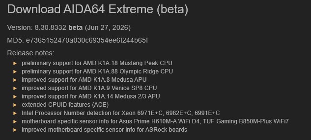 AIDA64 Extreme beta sürüm ekran görüntüsü, işlemci ve donanım bilgileri detaylı olarak gösteriliyor.