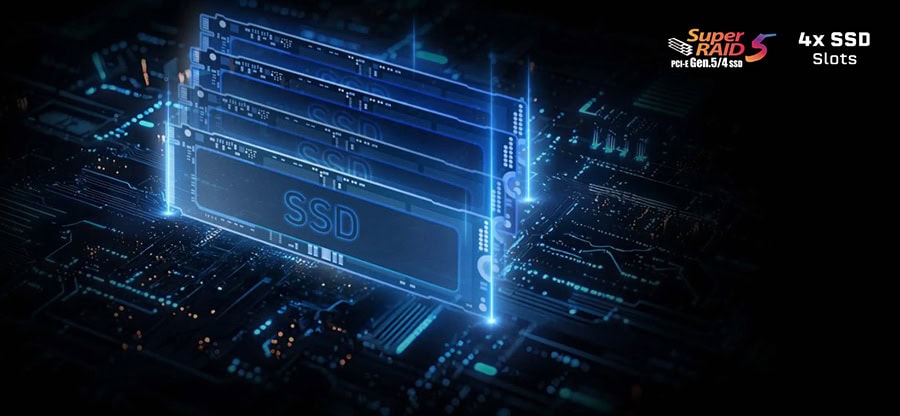Yüksek performanslı SSD bellek modülü, dijital devreler ve LED ışıklandırma ile vurgulanmış, modern teknoloji konsepti.