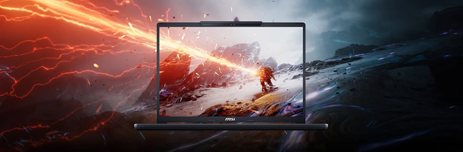 MSI Crosshair A16 HX gaming laptop ekranında şimşek ve fırtına temasıyla yüksek performans vurgusu yapılıyor.