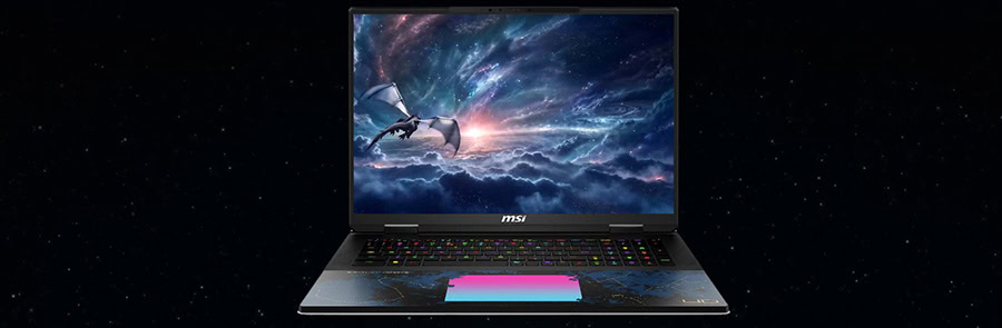 MSI TITAN 18 HX Dragon Edition gaming laptop açık uzay temalı ekranıyla dikkat çekiyor.