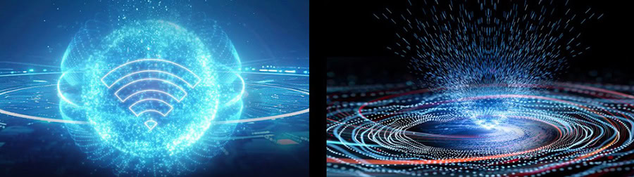 Kablosuz Wi-Fi simgesi ve dijital veri akışını temsil eden teknolojik görseller, yüksek hızlı internet ve veri transferini vurgular.