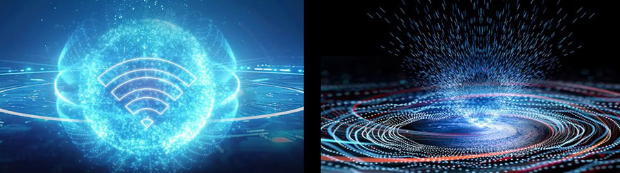 Kablosuz Wi-Fi simgesi ve dijital veri akışını temsil eden görsel, yüksek teknoloji ve bağlantı konseptini vurgular.
