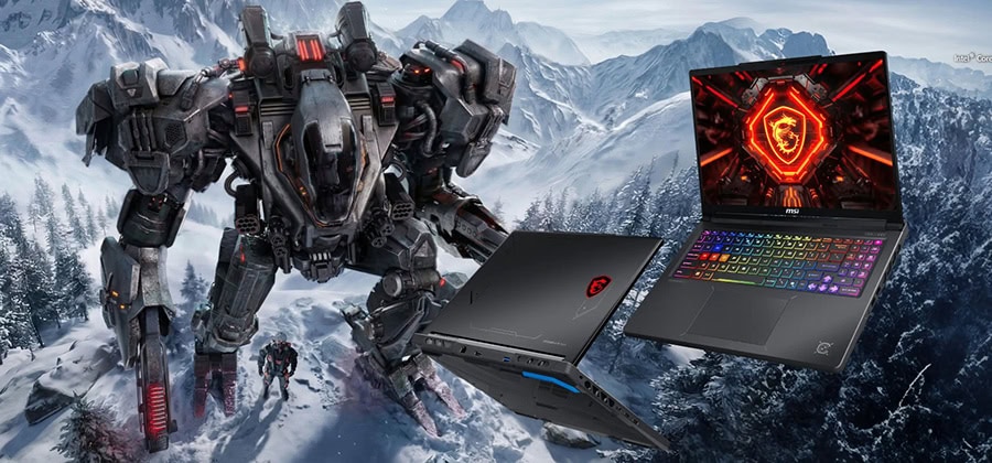 MSI gaming dizüstü bilgisayar ve büyük robot, karla kaplı dağlar ve ormanlar önünde, yüksek performans ve oyun deneyimi vurgulanıyor.