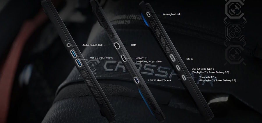 MSI CROSSHAIR 16 MAX HX dizüstü bilgisayarın yan tarafındaki USB, HDMI ve güç bağlantı noktaları detaylı görüntüsü.