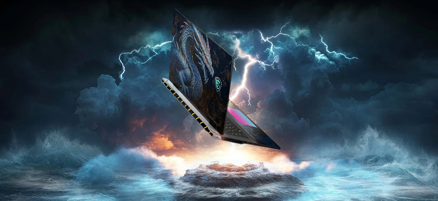 MSI TITAN 18 HX Dragon Edition dizüstü oyun bilgisayarı, 4K UHD ekran ve güçlü donanımıyla gökyüzünde uçuyor gibi görünüyor.
