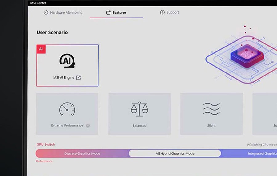 MSI MSI AI Engine ayarlarını gösteren ekran görüntüsü, kullanıcı senaryosu ve performans modları.
