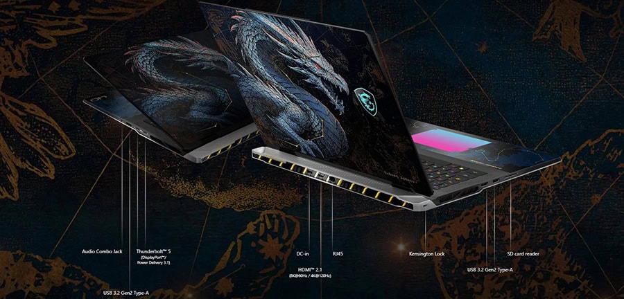 MSI TITAN 18 HX Dragon Edition gaming laptop açık şekilde, yüksek performans ve şık tasarım vurgulanmış.