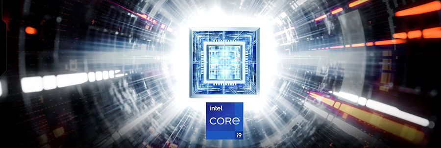 Yüksek teknolojili Intel Core i9 işlemci çipi, dijital ve teknolojik arka planda vurgulanmış, bilgisayar ve işlemci teknolojisini temsil ediyor.