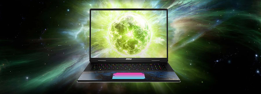 MSI TITAN 18 HX Dragon Edition gaming laptop with 4K UHD+ ekran ve GeForce RTX 5090 grafik kartı, uzay temalı arka plan ile gösteriliyor.