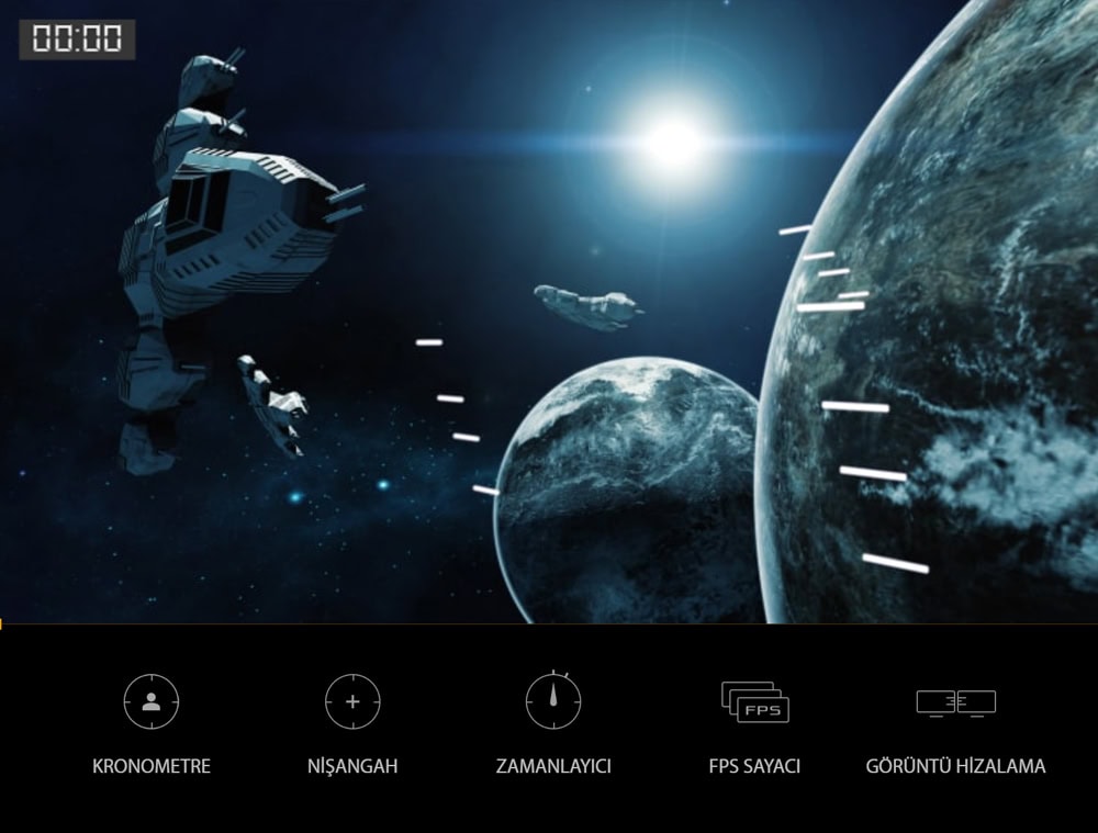 TUF Gaming VG249Q3R Uzay ve gezegenler temalı monitör arka planı, uzay gemisi ve yıldızlar ile detaylı, yüksek çözünürlüklü görsel.