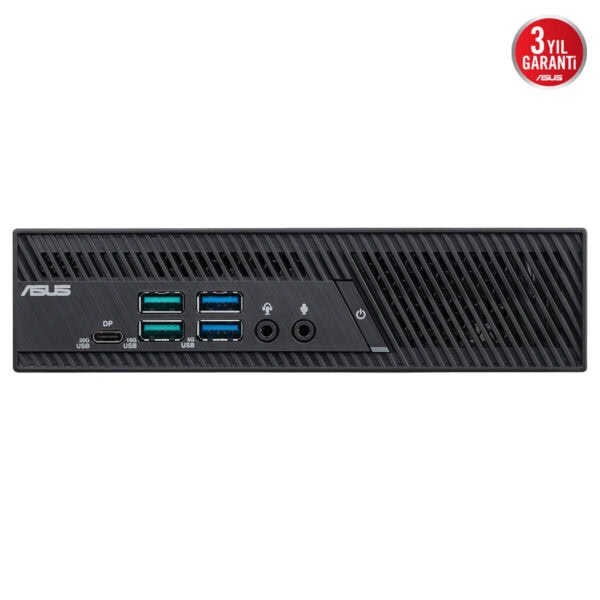 ASUS mini bilgisayarın ön paneli, USB portları, kulaklık ve mikrofon girişleri ile birlikte şık tasarımıyla dikkat çekiyor.