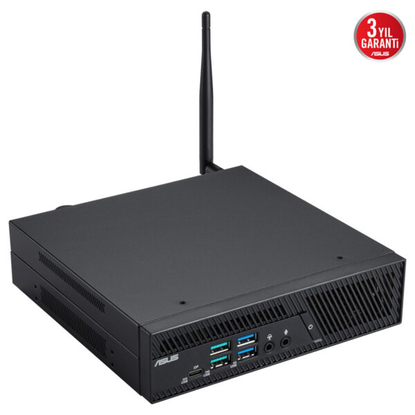 ASUS mini bilgisayar, kablosuz bağlantı anteni ve çeşitli bağlantı portlarıyla kompakt ve güçlü tasarım.