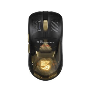 ASUS ROG Harpe II Extreme Edition 20. Yıl özel tasarım kablosuz oyun faresi, 8K Hz hızlı bağlantı ve şık siyah ve altın renk detaylarıyla dikkat çekiyor.