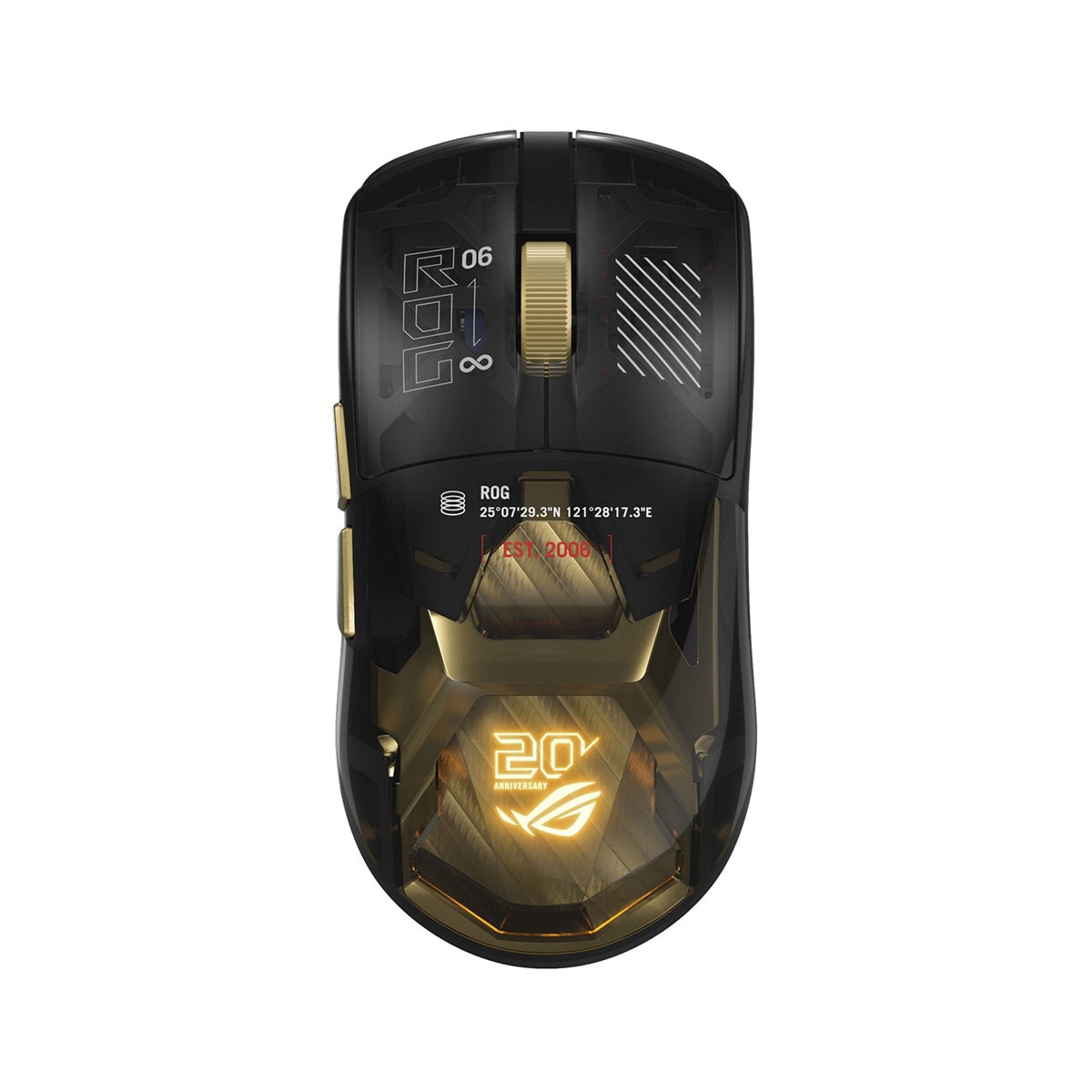 ASUS ROG Harpe II Extreme Edition 20. Yıl özel tasarım kablosuz oyun faresi, 8K Hz hızlı bağlantı ve şık siyah ve altın renk detaylarıyla dikkat çekiyor.