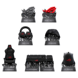 ASUS ROG 20. Yıl Keycap Seti koleksiyonundaki çeşitli oyun ekipmanları ve aksesuarlar, detaylı ve şık tasarımlarla sergileniyor.