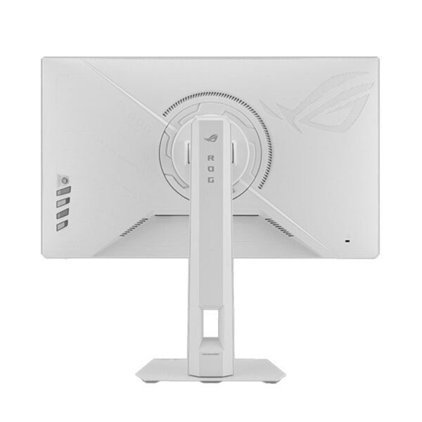 ASUS ROG XG259QNSR-W oyun monitörünün arka görünümü, beyaz renkli ve RGB aydınlatmalı tasarımıyla dikkat çekiyor.