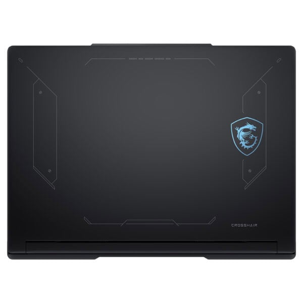 MSI CROSSHAIR 16 HX gaming dizüstü bilgisayarın üstten görünümü, siyah renkli ve logo ile detaylar içeriyor.
