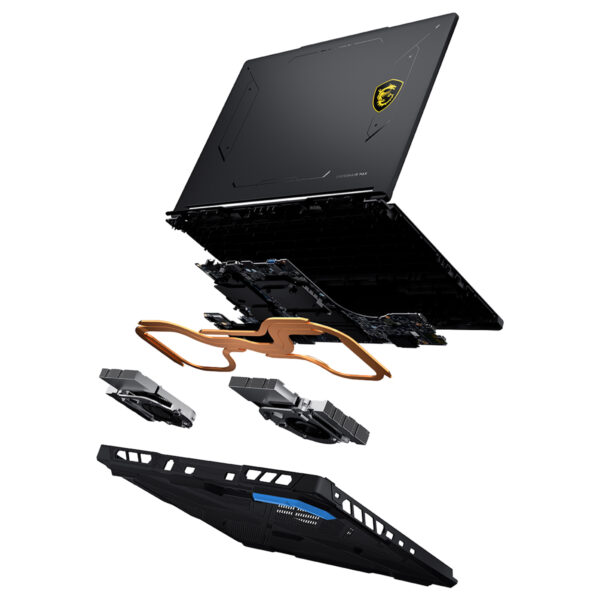 MSI CROSSHAIR 16 MAX HX dizüstü bilgisayarın iç donanım parçaları, soğutucu ve ekran detaylarıyla gösteriliyor.