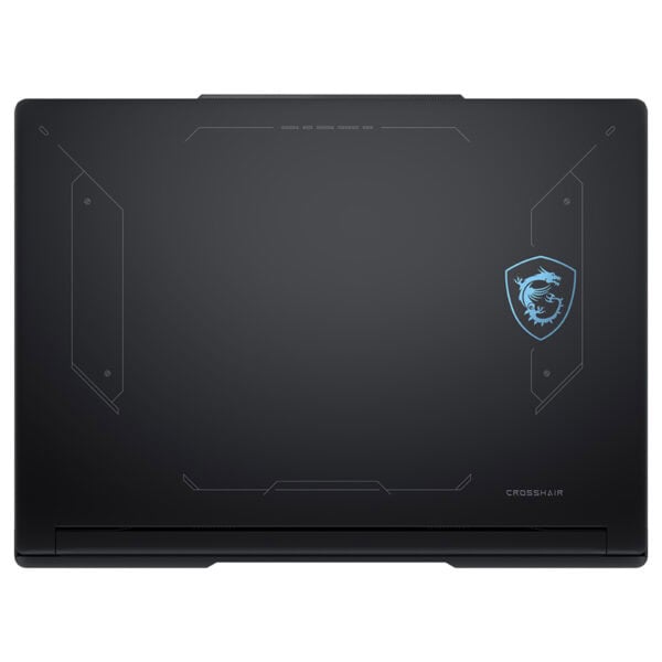 MSI Crosshair A16 HX oyun dizüstü bilgisayarı, mat siyah gövde ve mavi MSI logosu ile şık ve modern tasarıma sahip.