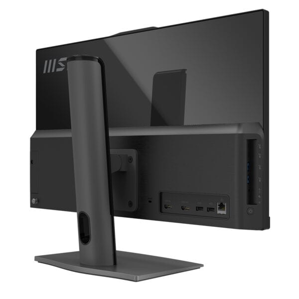 MSI Modern All-in-One bilgisayarın arka ve yan görünümü, 23.8 inç ekran ve bağlantı portlarıyla detaylar.