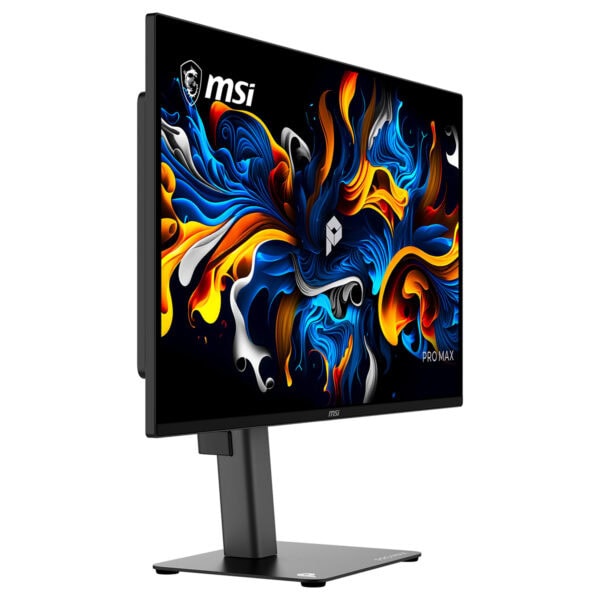 MSI PRO MAX 271UPX12G 26.5 inç 120Hz 4K UHD QD-OLED Pivot Monitör, şık ve modern tasarım, yüksek çözünürlük ve renk doğruluğu ile dikkat çekiyor.