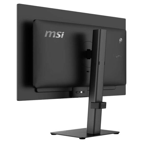 MSI PRO MAX 271UPX12G 26.5 inç 120Hz 4K UHD QD-OLED pivot monitörün arka görünümü, ergonomik stand ve bağlantı noktaları detaylarıyla.