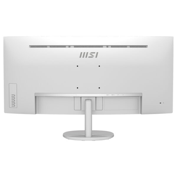 MSI PRO MP341CQW E12 34 inç 120Hz UWQHD FreeSync Premium VA kavisli monitörün arka görünümü, beyaz renkli ve ergonomik standlı tasarımıyla.