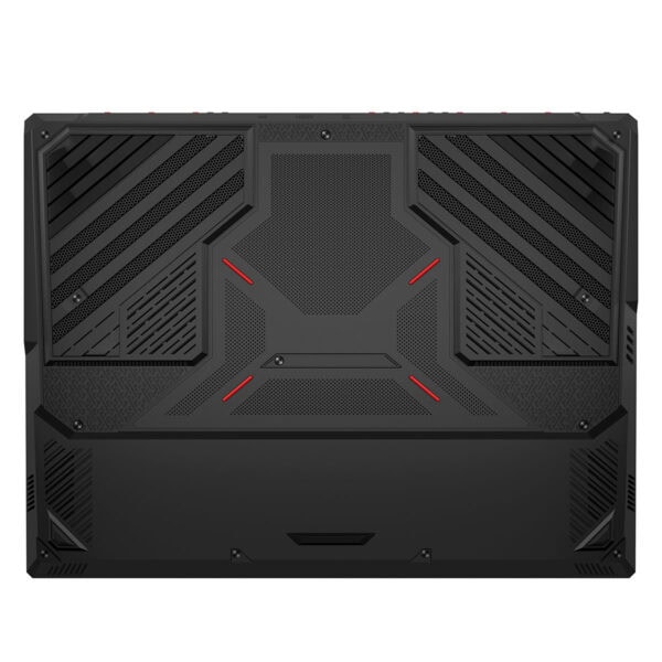 MSI Raider 18 Max HX oyun dizüstü bilgisayarının arka paneli, soğutma ve bağlantı noktaları detaylarıyla gösteriliyor.