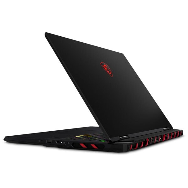 MSI Raider 18 MAX HX oyun dizüstü bilgisayarı, siyah renkli, açık konumda, arka kısımdaki soğutma ızgaraları ve klavye ışıklandırması görünür.