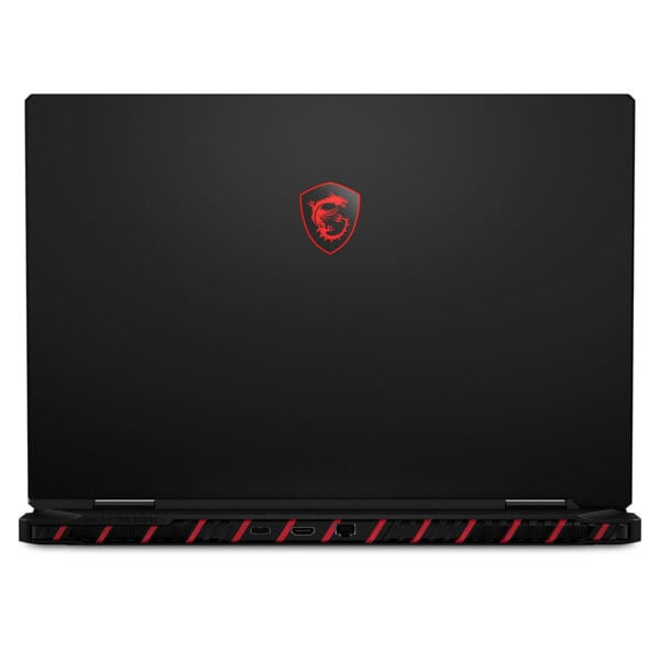 MSI Raider 18 Max HX oyun ve yüksek performanslı dizüstü bilgisayar, siyah renkli, kırmızı detaylar ve MSI logosu ile öne çıkıyor.