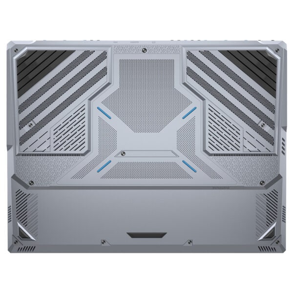 MSI TITAN 18 HX A2WJ-1058TR dizüstü bilgisayarın alt kapağı, soğutma ve performans için tasarlanmış detaylı hava girişleri ve yapısal güçlendirmeler içerir.