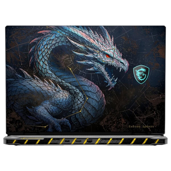 MSI TITAN 18 HX Dragon Edition dizüstü bilgisayarın ekranında detaylı ejderha tasarımı ve MSI logosu yer alıyor.