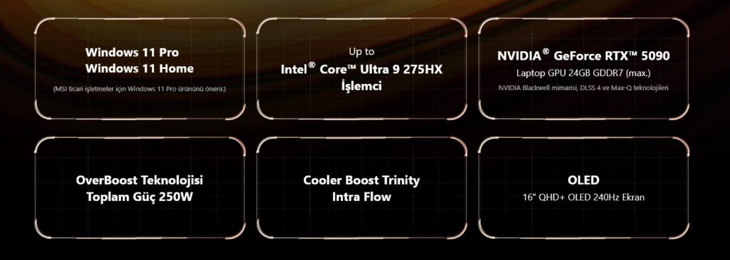 MSI Raider 16 HX dizüstü bilgisayar özellikleri ve teknik detaylar, Windows 11 Pro, Intel Core Ultra 9, NVIDIA GeForce RTX 5090, OLED ekran ve güç teknolojileri.